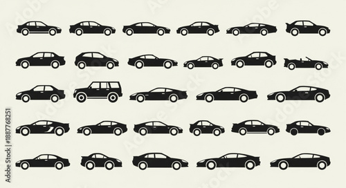 Collection of Diverse Car Silhouettes in Rows.