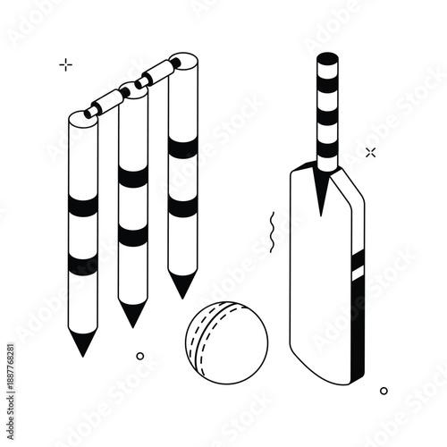 Cricket bat, wickets and ball, trendy isometric illustration, sports and competition