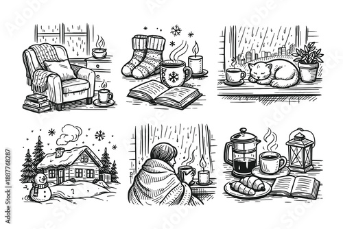 Cozy winter and hygge lifestyle vector set in vintage engraving style featuring a snowy cabin fireplace hot drinks and reading by the window.
