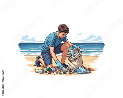 Man collecting plastic bottles and litter on sandy beach shoreline, ocean cleanup and marine pollution awareness concept flat vector illustration with sea background