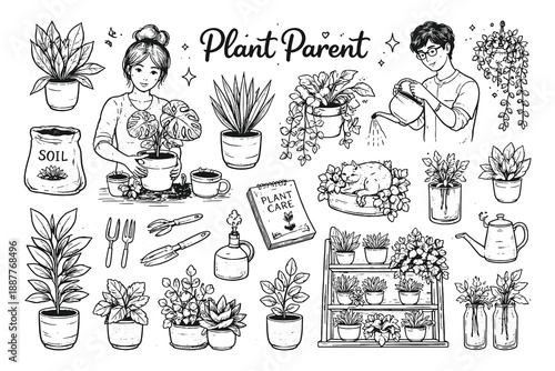 Plant parent gardening vector set in cute hand drawn doodle style featuring people caring for houseplants pots tools and botanical elements.
