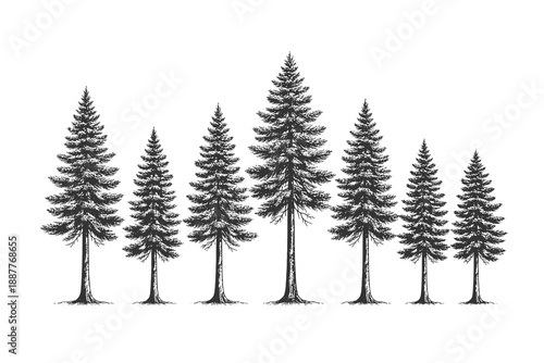 Minimalist line of pine trees vector illustration in vintage engraving style for forest borders horizontal landscape design and outdoor themes.