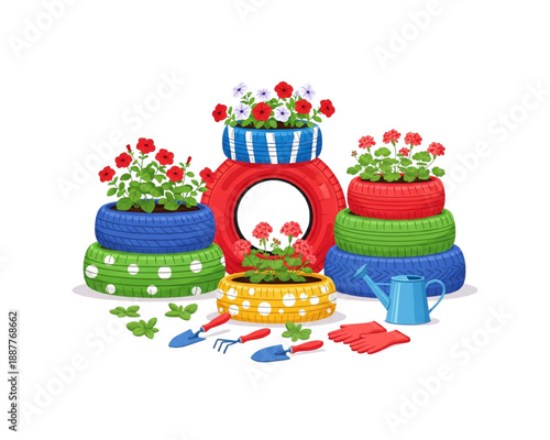Upcycled garden decoration using old colorful car tires as flower pots. DIY backyard recycling project with blooming plants and gardening tools. Vector illustration isolated on white.