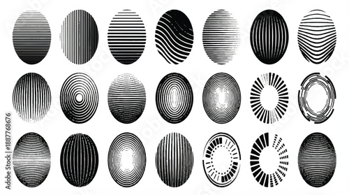 A collection of oval-shaped objects, each with a unique pattern. These patterns consist of horizontal and vertical lines of varying thicknesses and orientations 