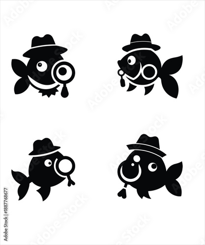 Detective fish character icons wearing hats and holding magnifying glasses for mystery investigations