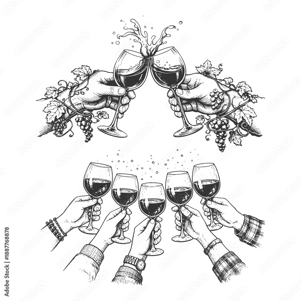 Fototapeta premium Hand drawn vintage engraving style vector illustration of two hands clinking wine glasses with decorative grapevine branches and grape clusters.