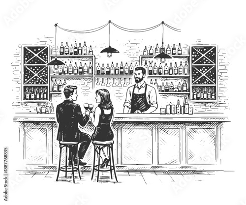 Detailed bar interior vector illustration in hand drawn engraving style featuring a bartender serving a couple at the counter with alcohol bottles.