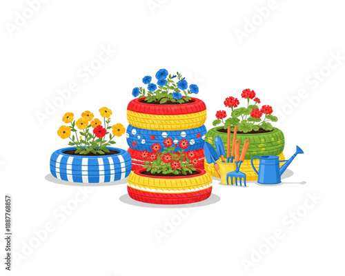 Upcycled painted tire planters with colorful flowers and gardening tools, DIY recycled garden decor and eco friendly outdoor landscaping concept flat vector illustration isolated