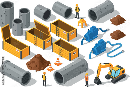 Construction Site Elements Isometric View of Pipes, Workers, and Equipment