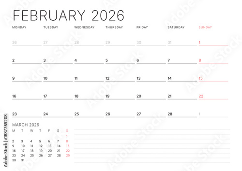 February 2026 calendar planner template. Week starts on Monday. Modern minimalist design for effective scheduling and organization. Vector illustration, perfect for a printable business agenda layout