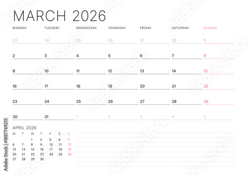 March 2026 calendar planner template. Week starts on Monday. Simple and clean design for efficient scheduling and organization. Vector illustration for a printable business agenda layout