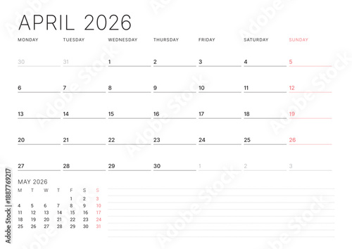 April 2026 calendar planner template. Week starts on Monday. Professional and minimalist design for scheduling and organization. Vector illustration for a printable business agenda layout