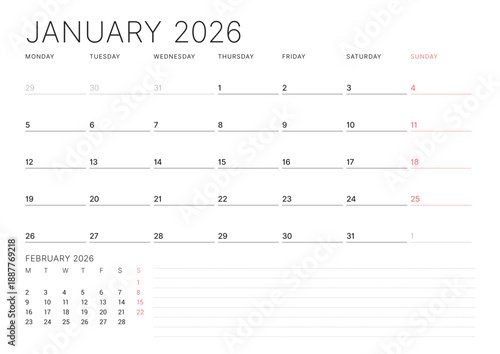January 2026 calendar planner template. Week starts on Monday. Minimalist and clean design for scheduling and organization. Vector illustration for business or personal use. Printable agenda layout
