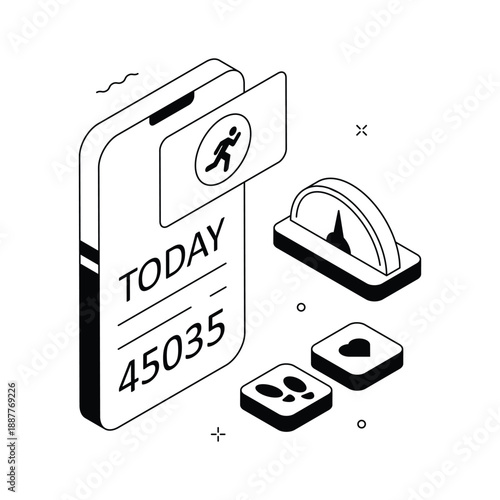 Isometric illustration showing daily steps counter for fitness