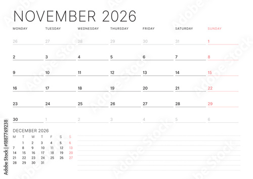 November 2026 calendar planner template. Week starts on Monday. Modern and clean design for business planning and organization. Vector illustration for a printable schedule layout