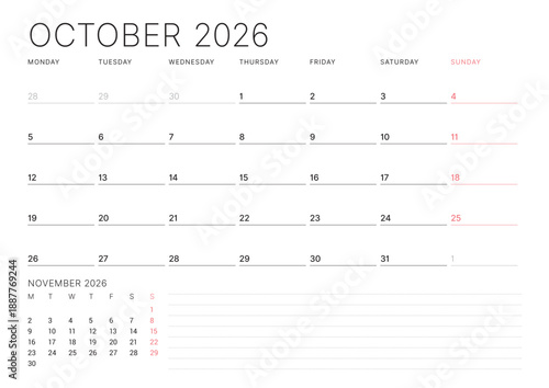 October 2026 calendar planner template. Week starts on Monday. Simple and minimalist design for business scheduling and planning. Vector illustration for a printable agenda layout