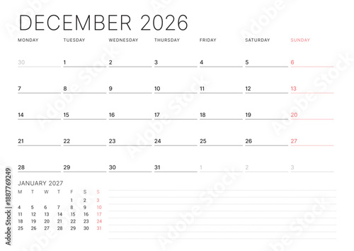 December 2026 calendar planner template. Week starts on Monday. Minimalist and modern design for business scheduling and organization. Vector illustration for a printable agenda layout