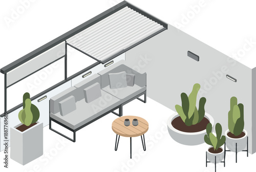 Stylish Patio Seating Area with Lush Green Plants Illustration