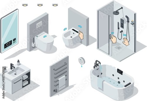 Smart Bathroom Isometric Illustration Modern Fixtures and Tech