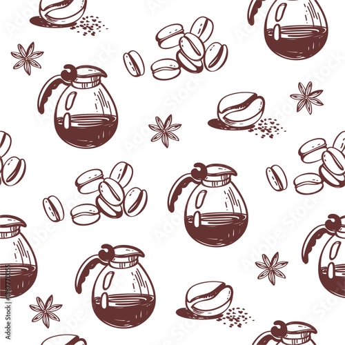 Coffee seamless vector pattern. Coffee hand drawn pattern in doodle style