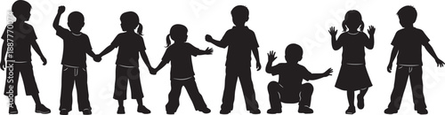 Black silhouette collection of a diverse group of happy children and kids playing and holding hands isolated on white background for elementary school concept