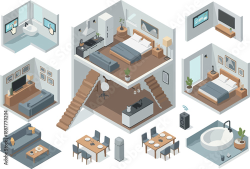 Isometric Interior Design Elements Rooms and Furniture