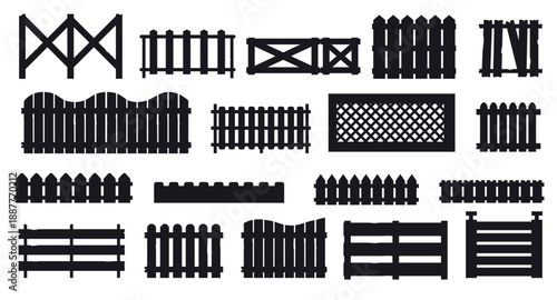Fence silhouettes. Black wooden garden border icons, country rural simple panel gate, boundary protection elements. Vector black wood wall set