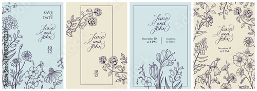 Wedding invitations with botanical frames and wildflower borders for save the date cards, elegant ceremony templates. Engagement announcements, printable RSVP design isolated vector set