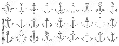 Naval anchor icons. Maritime logo or insignia in vintage style. Simple vector anchors outline and silhouette for tattoo, stamp or business graphic, symbolizing stability and travel by sea or navy