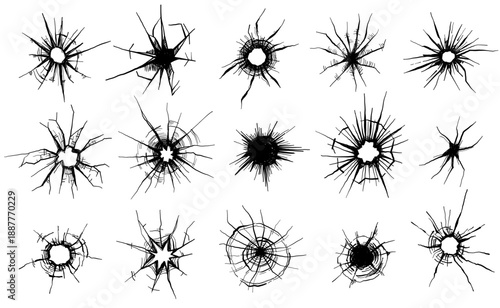 Broken glass crack vector pattern with bullet hole, shattered window or mirror grunge vintage design. Abstract danger or crime effect, vandalism art, destruction texture with sharp lines and damage