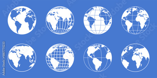 Earth globe vector icon. Map for science and education, business travel. Europe, Asia and Africa, America in north and south hemispheres. Isolated flat 3D sphere graphic