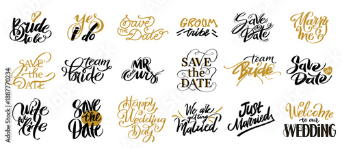 Romantic save the date wedding phrase with beautiful calligraphy font for invitation card and celebration. Party decor, engagement and anniversary with retro lettering and love quote. Vector set