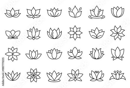 Lotus flower icon. Yoga, spa and wellness line symbols, mandala for meditation and tranquility. Linear vector black outline for natural beauty and calm concept, tattoo or resort decoration