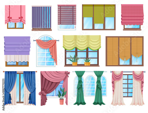 Curtains and drapes for window and room decoration, tulle fabric and curtain rod for classic or modern interiors. Vector set for home, office or apartment design
