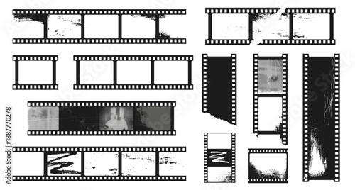 Vintage filmstrip border with sprocket frames and distressed texture for analog photography, cinema template and retro layouts. Monochrome vector overlay with noise and scratches, storyboard mockup