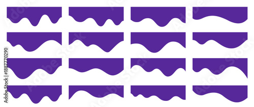 Curved headline. Wavy header shape for website banner, landing page modern separator, fluid divider or border. Abstract purple curves and drippy blobs for hero layout, frame vector isolated set