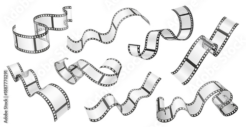 Realistic 3D filmstrip, movie reels curls storyboard and retro video or photography design. Ribbon reels with glossy transparent slides for vintage Hollywood cinema concept vector isolated set