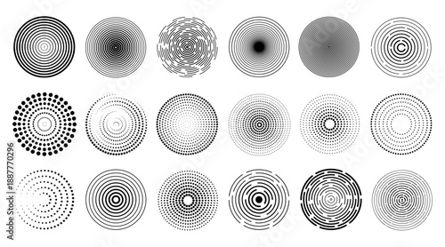 Concentric circle pattern with radial dotted rings and abstract ripple sound waves, optical illusions, line geometric elements. Hypnotic vertigo spiral, dot gradient, retro halftone vector textures