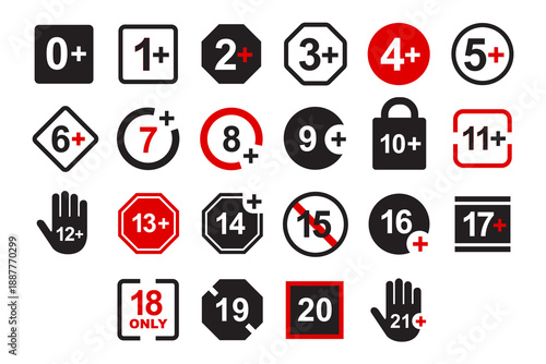 Age restriction label with warning symbols for parental guidance, content control and media censorship in adult or teen access design. Age censor year plus limit icon vector set
