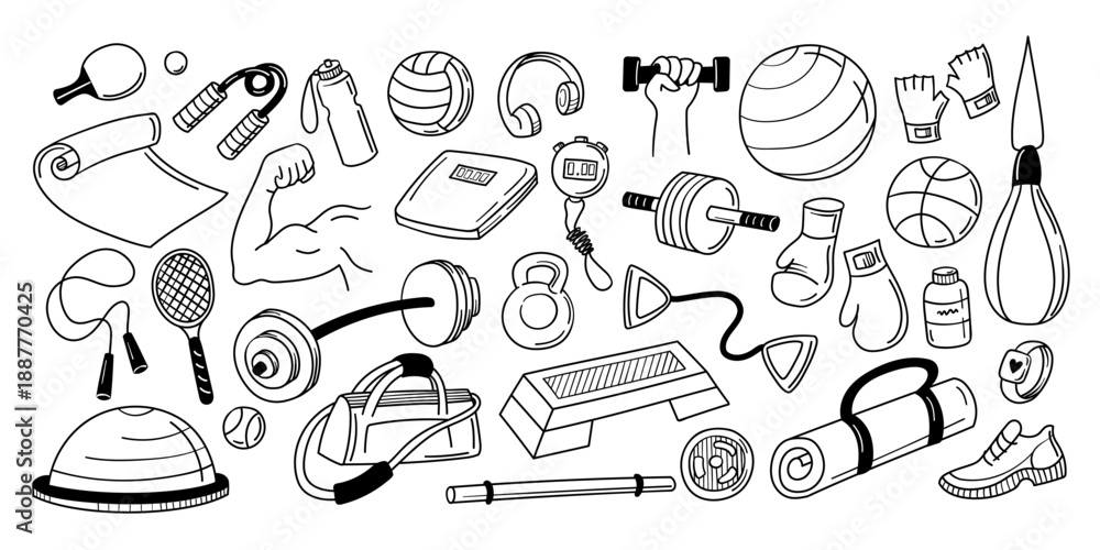 Fototapeta premium Sports equipment doodle icons. Dumbbells and boxing gloves for gym workout poster, fitness banner and training infographic. Outline kettlebell and smartwatch for exercise. Vector sketch isolated set