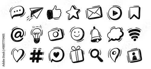 Social media doodle icons. Speech bubble, paper plane and like thumbs up, star rating and email envelope, play button and light bulb, camera, emoji and notification bell, wi-fi vector isolated set