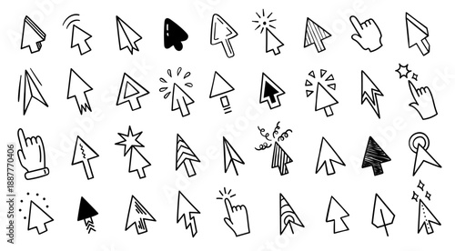 Cursor doodle arrows. Hand drawn mouse pointer and hand click symbols for UI navigation, subscribe button hover. Drag and drop tools, finger selection indicator vector sketch isolated set