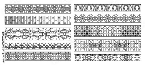 Arabic seamless pattern, Arabesque geometric borders and Muslim mosaic rosettes for Islamic traditional wallpaper and vintage textile. Oriental Arabian decorative dividers vector isolated set