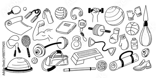 Sports equipment doodle icons. Dumbbells and boxing gloves for gym workout poster, fitness banner and training infographic. Outline kettlebell and smartwatch for exercise. Vector sketch isolated set