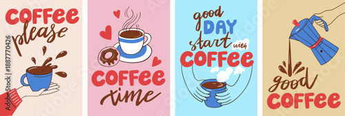 Coffee doodle poster with slogans and playful quotes for cafe banner, coffee shop sketch line label and social media story or breakfast design. Hand drawn vintage vector set