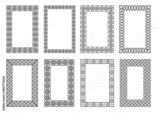Moroccan arabesque frame border, Arabic mosaic corners and Arabesque rosettes for certificate, Islamic invitation card and Arabian elegant labels. Geometric dividers for Muslim banners