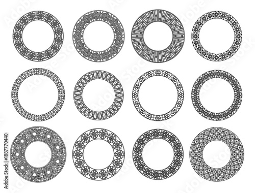 Islamic arabesque circle frame. Arabic rosette borders and Arabian geometric mosaic for ornament round badges, decorative certificate seals and heritage logo, classical circular monogram. Vector set