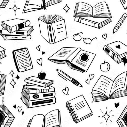 Seamless books doodle pattern. Book stack and reading glasses for library wallpaper, education textile background and literary packaging. Hand drawn vector tile for school banner