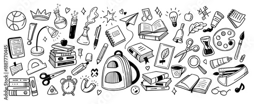 School doodle icons with education supplies, classroom stationery. book, notebook and backpack, pencil and crown, smartphone and paper airplane, light bulb and scissors, hourglass. Sketch vector set