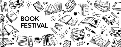 Book festival doodle poster with library icons and reading covers for literature event banner, school flyer and bookstore promotion design. Hand drawn vector layout